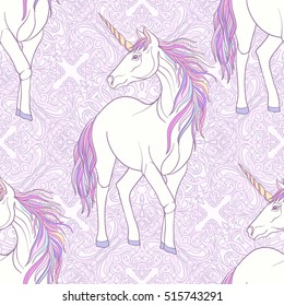 Seamless pattern with Unicorn with color pink purple mane on decorative background. Stock line vector illustration.