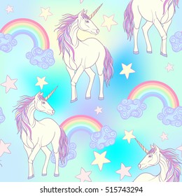 Seamless pattern with Unicorn with color pink purple mane and rainbow and stars. Stock line vector illustration.