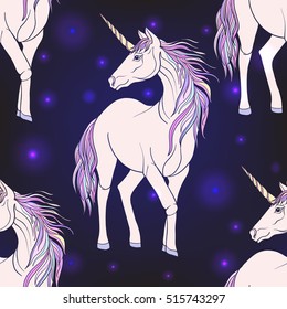 Seamless pattern with Unicorn with color pink purple mane.