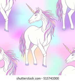Seamless pattern with Unicorn with color pink purple mane.