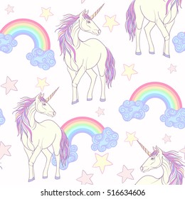 Seamless pattern with Unicorn with color pink purple mane and rainbow and stars. Stock line vector illustration.