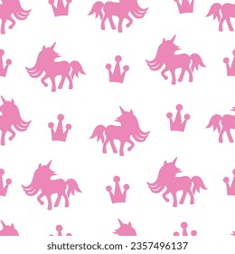 Seamless pattern of unicorn and crown silhouettes on a white background.