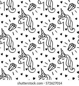Seamless pattern with a unicorn and crystal on a white background.