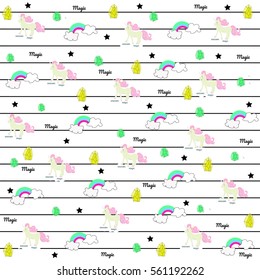 Seamless pattern with unicorn, crystal, rainbow, stars. Vector illustration.