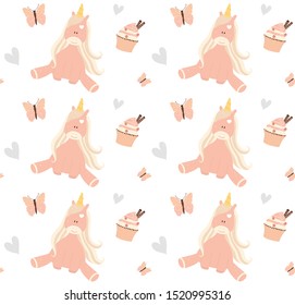 Seamless pattern with unicorn, cupcake and heart. Cute vector illustration for your design.
