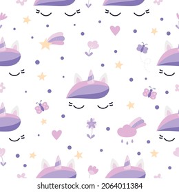 Seamless pattern with unicorn face, butterfly, stars, clouds and rainbows. Cute cartoon character. Vector illustration.