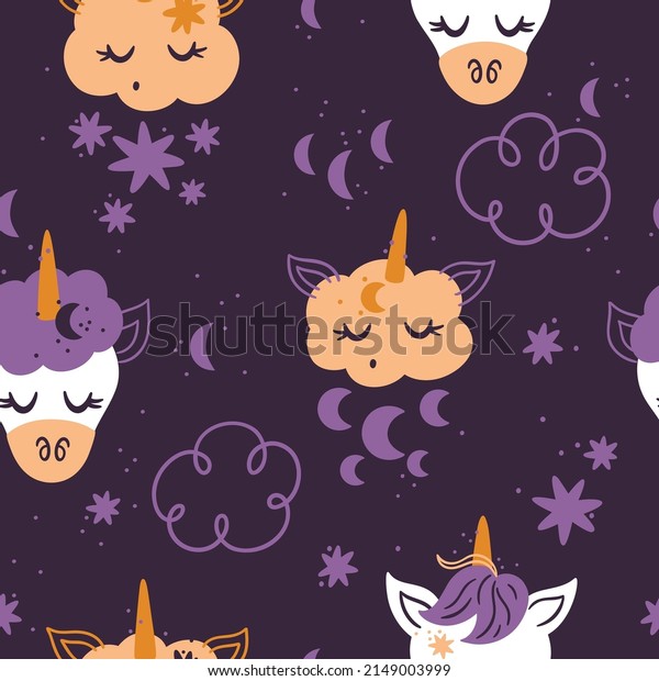 Seamless pattern with unicorn
faces, cute clouds with unicorn horn, moon and stars. Creative
texture for any kids design, fabric, wrapping, wallpaper, textile,
apparel