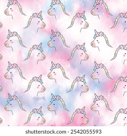Seamless pattern with unicorn faces and watercolor texture on a white background. Perfect for children's textile and postcards.
