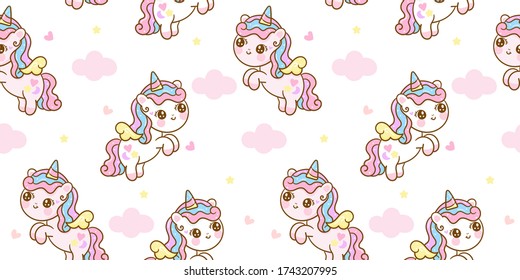 Seamless pattern unicorn fairy cartoon cute Pony Child jump in air with star and cloud: Series Fairytale Kawaii animals (Girly doodles). Perfect for Nursery kids,greeting card,baby shower girl,fabric.