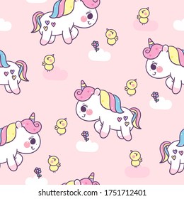 Seamless Pattern Unicorn Fairy Cartoon Pony Child Vector And Duck Friendship: Series Fairytale Kawaii Animals (Girly Doodles). Perfect For Nursery Kids, Greeting Card, Baby Shower Girl, Fabric Design.