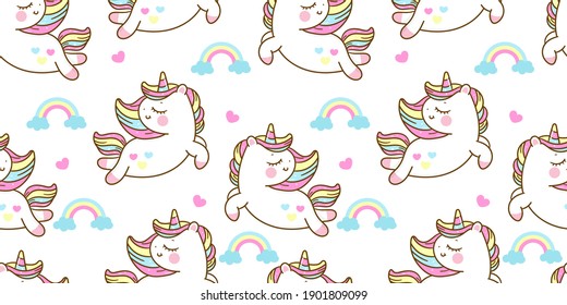 Seamless pattern unicorn fairy cartoon cute Pony Child vector with pastel rainbow: Series Fairytale Kawaii animals character (Girly doodles). Perfect for Nursery kids, greeting card, baby shower girl.