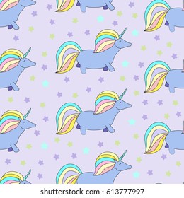 
Seamless pattern with unicorn. Fantasy wallpaper. Cute magic background