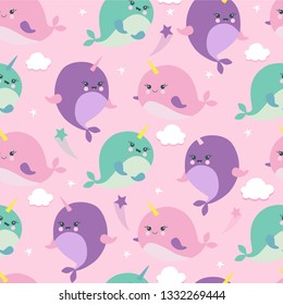 Seamless pattern with unicorn fish. stars and fishes. Cute narwhals and clouds. Vector illustration.