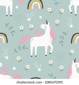 Seamless pattern with unicorn and flowers on a green background. The vector illustration for printing is made in manual technique