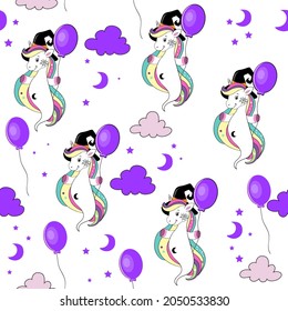 Seamless pattern with unicorn in halloween ghost costume. Vector cartoon illustration. Drawing for children's clothing, t-shirts, gifts, packaging