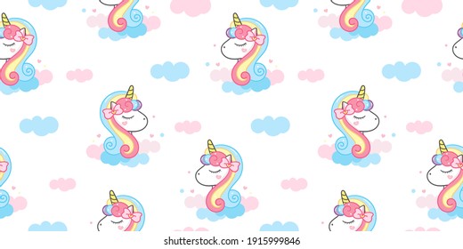Seamless pattern unicorn head cartoon and heart   cloud cute pony Child vector: Series Fairytale Kawaii animals character (Girly doodles)  Perfect for Nursery kids  greeting card  baby shower girl 