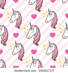 Seamless pattern with unicorn head and hearts