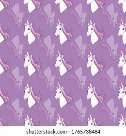 Seamless pattern with unicorn head on purple background