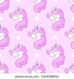 Seamless pattern with a unicorn head with a pink mane isolated on a magical pink background. For fabric design, prints, posters, wrapping paper, scrapbooking. Vector illustration