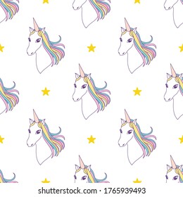 Seamless pattern unicorn head and stars illustration