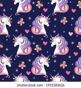 Seamless pattern with unicorn heads, hearts and butterflies isolated on navy background. Vector illustration for party, print, baby shower,wallpaper,design, decor,design cushion, linen, dishes,t-shirt