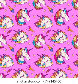 Seamless pattern with unicorn heads and ice cream. Vector illustration