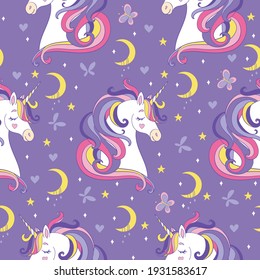 Seamless pattern with unicorn heads, moon and butterflies isolated on purple background. Vector illustration for party, print, baby shower,wallpaper,design, decor,design cushion, linen, dishes,t-shirt