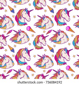 Seamless pattern with unicorn heads, stars, ice cream. Vector illustration