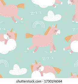 Seamless pattern with a unicorn and hearts on a light background. Vector illustration for printing on a postcard, poster, or clothing. Cute children's background.