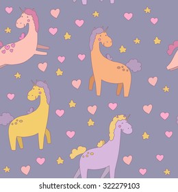 A seamless pattern with unicorn, hearts and stars. Cute children pattern for fabric, posters, card