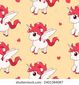 Seamless pattern with unicorn and hearts. Vector tile