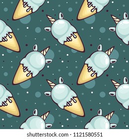 Seamless pattern with Unicorn ice cream on turquoise background. Funny vector illustration. Tasty summer dessert. Template for textile, menu decoration and wrapping paper.
