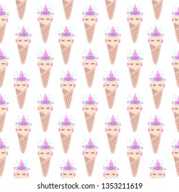 Seamless pattern with unicorn ice cream with floral wreath decoration. Excellent design for packaging, wrapping paper, textile, clothes etc.