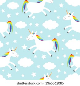 Seamless Pattern. Unicorn jumping. Cloud star in the sky. Cute cartoon kawaii funny smiling baby character. Wrapping paper, textile template. Nursery decoration Blue background Flat design Vector