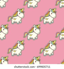 Seamless pattern with unicorn in kawaii japanese style isolated on pink background. Can use for birthday card, the childrens menu, packaging, textiles, fabrics, wallpaper. Vector illustration