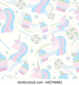 Seamless pattern with unicorn, lollipop and cupcakes. Cute background for textile, card, banners.