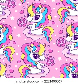 Seamless pattern unicorn with lollipop on a cloud.For fabric design, wallpaper, wrapping paper, backgrounds, scrapbooking. etc. vector