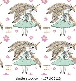 Seamless pattern with Unicorn with long hair with flower. Endless pattern with cute cartoon Unicorn.