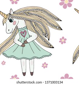 Seamless pattern with Unicorn with long hair with flower. Endless pattern with cute cartoon Unicorn.