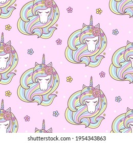 Seamless pattern with a unicorn with a long mane on a pink background. For children's design of backgrounds, wallpapers, fabrics, wrapping paper, scrapbooking, and more. Vector