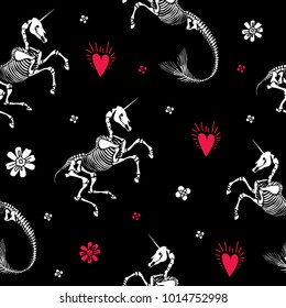 Seamless pattern. Unicorn and mermicorn among hearts and flowers. Great for Halloween and the Day of the Dead. It's also good for a Gothic greeting card for Valentine's Day.