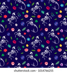 Seamless pattern. Unicorn and mermicorn among flowers and leaves. Anatomy of mythical animals. Great for Halloween and the Day of the Dead.