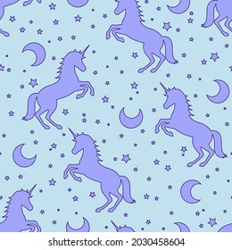 seamless pattern with unicorn, moon and stars vector illustration cute magic background mythical creature and the universe