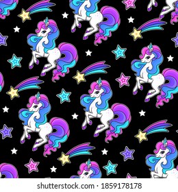 Seamless pattern with unicorn on a black background. For fabric design, wallpaper, backdrops, wrapping paper, scrapbooking, postcards, etc.Vector