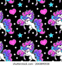 Seamless pattern with unicorn on a black background. For fabric design, wallpaper, backdrops, wrapping paper, scrapbooking, postcards, etc.Vector