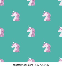 Seamless pattern with a unicorn on a blue background. Unicorn with brilliance.