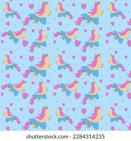 Seamless pattern with a unicorn on a blue background. Vector illustration. Children's fairytale cartoon design.