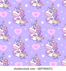 Seamless pattern with unicorn on a pink background. For children's design of wallpapers, backgrounds, fabrics, wrapping paper, etc. Vector