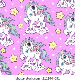 Seamless pattern. Unicorn on a pink background. For baby fabric design, wallpapers, scrapbooking, backgrounds and so on. Vector 