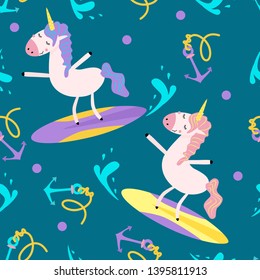 seamless pattern with a unicorn on a surfboard - vector illustration, eps